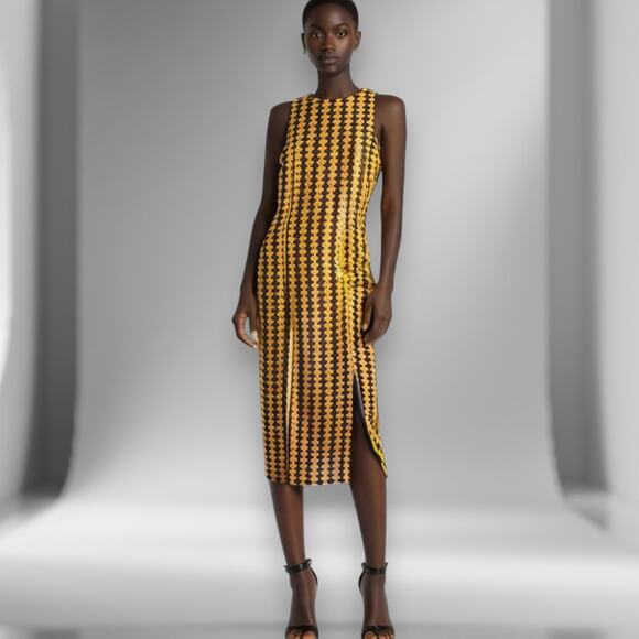 Simon Miller Prints Sz Small Geometric Diamond Bodycon Midi Dress Gold Burgundy‎ - Picture 1 of 10